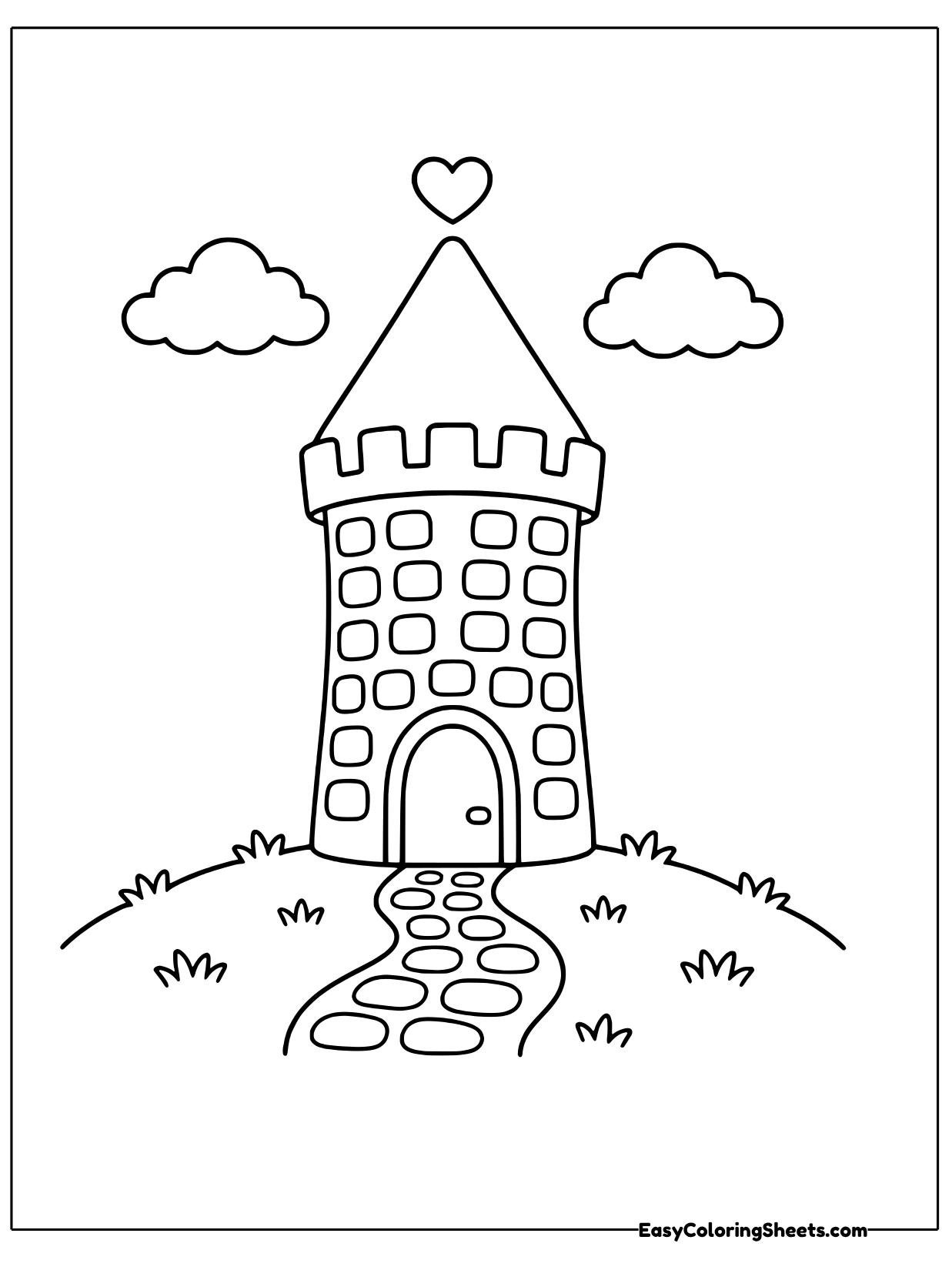A single round turret made of stone blocks has a cone roof, a heart on top and a large arched door with a path leading out.
