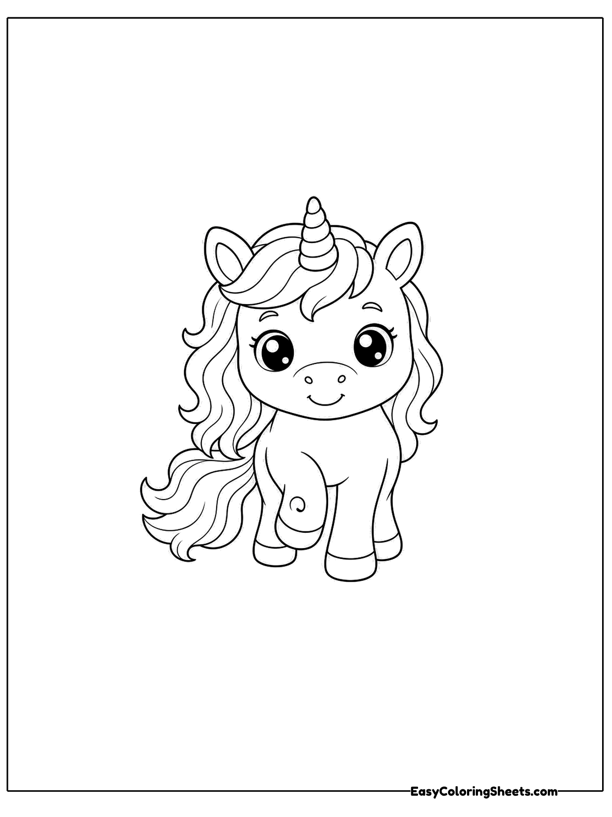 A unicorn walks straight toward the viewer with its curly mane bouncing and its horn pointing up.