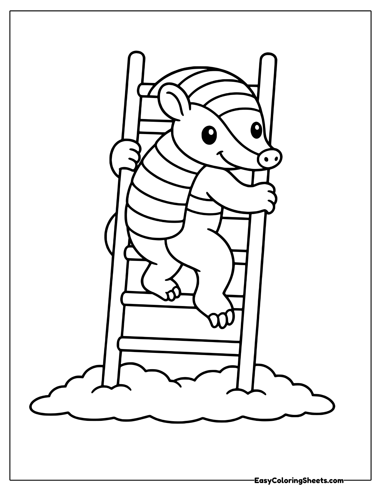 Armadillo climbing a tall wooden ladder
