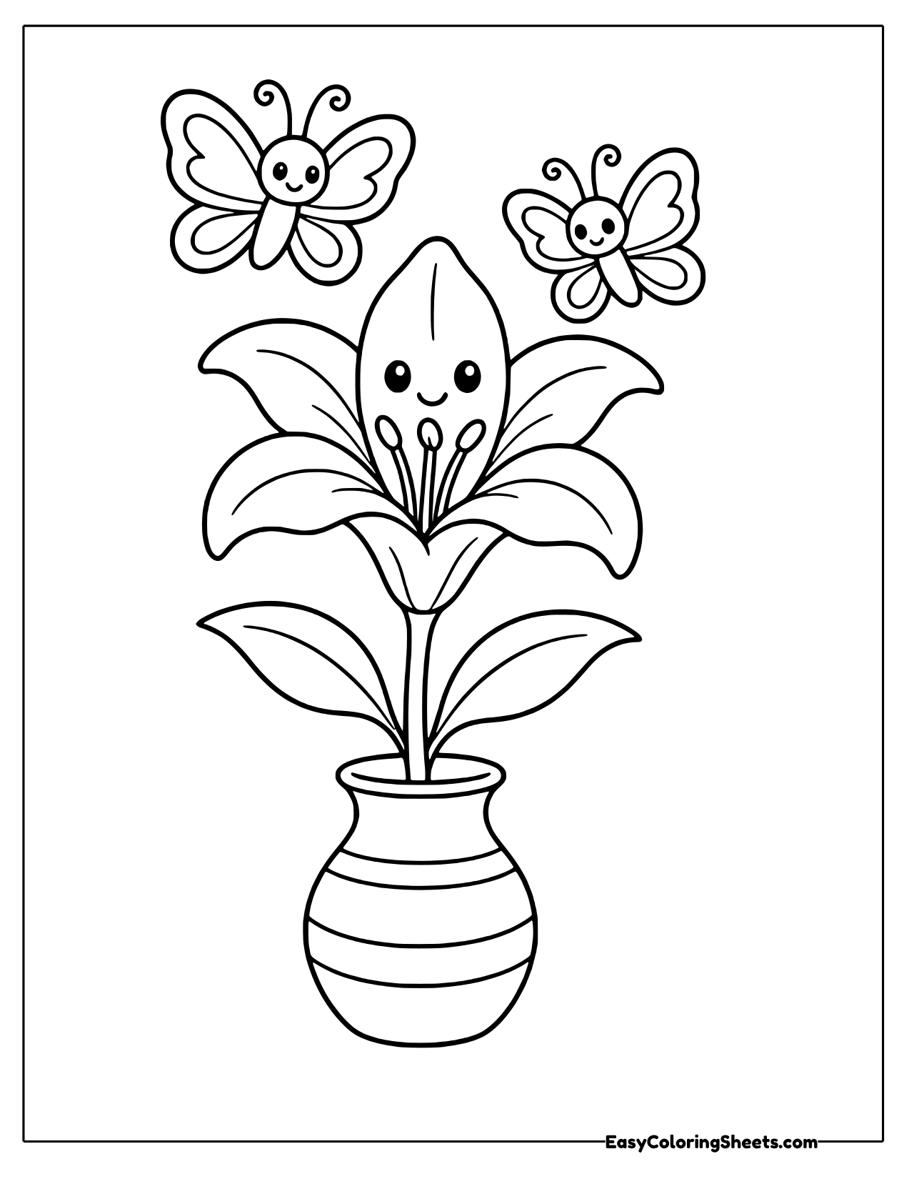 Lily in a striped vase with two butterflies