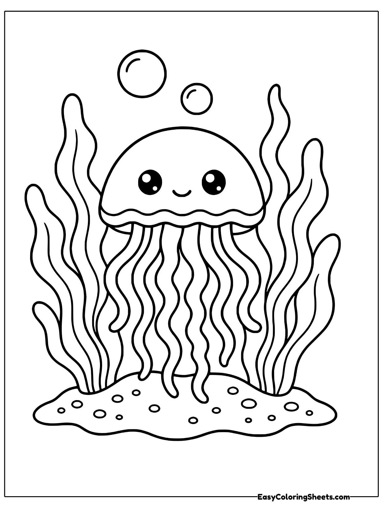 Tall wavy kelp fronds rise on both sides of a cheerful jellyfish floating in the middle.