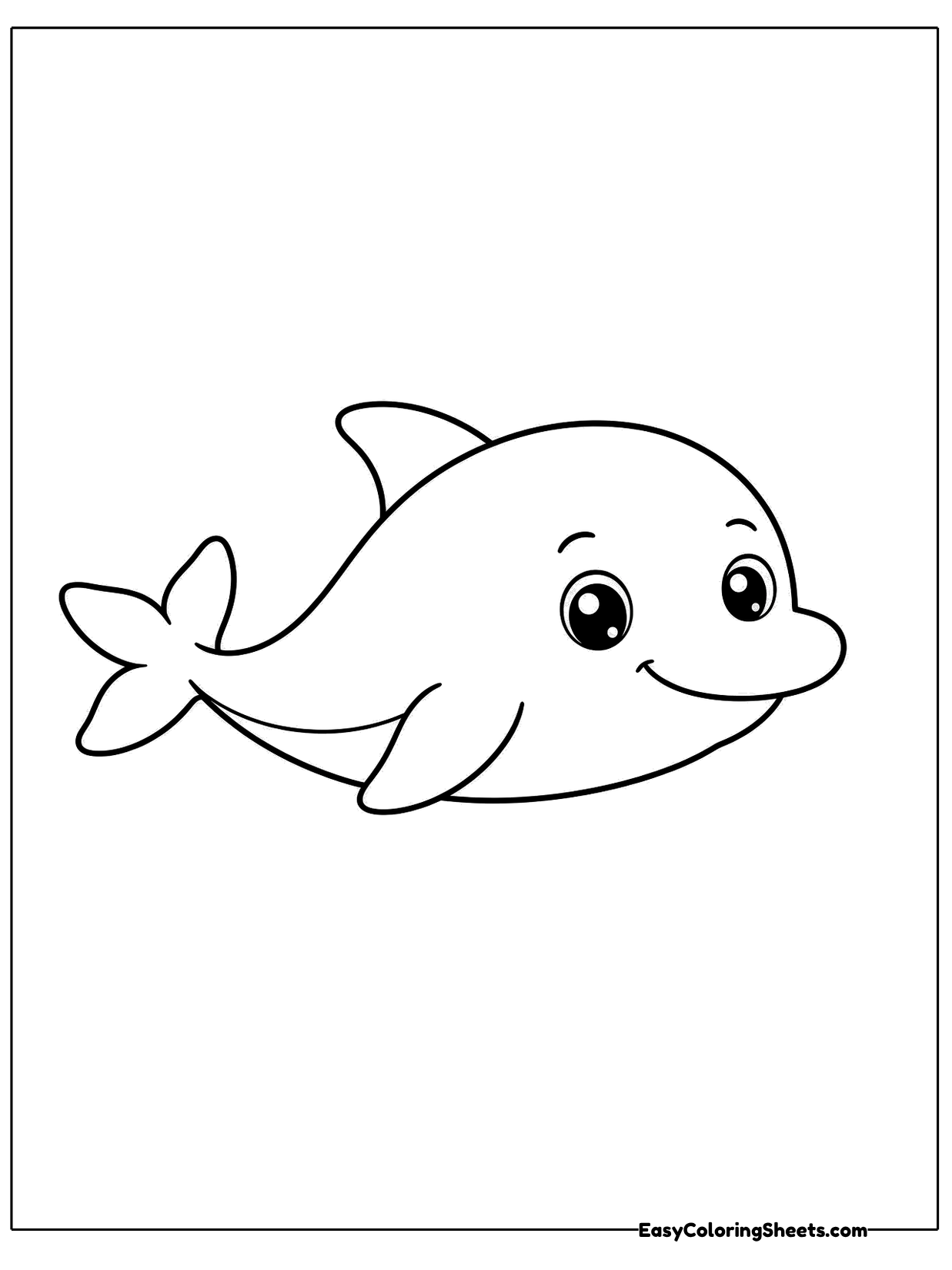 A baby dolphin with a sweet smile swims across the page with its fins and tail spread.