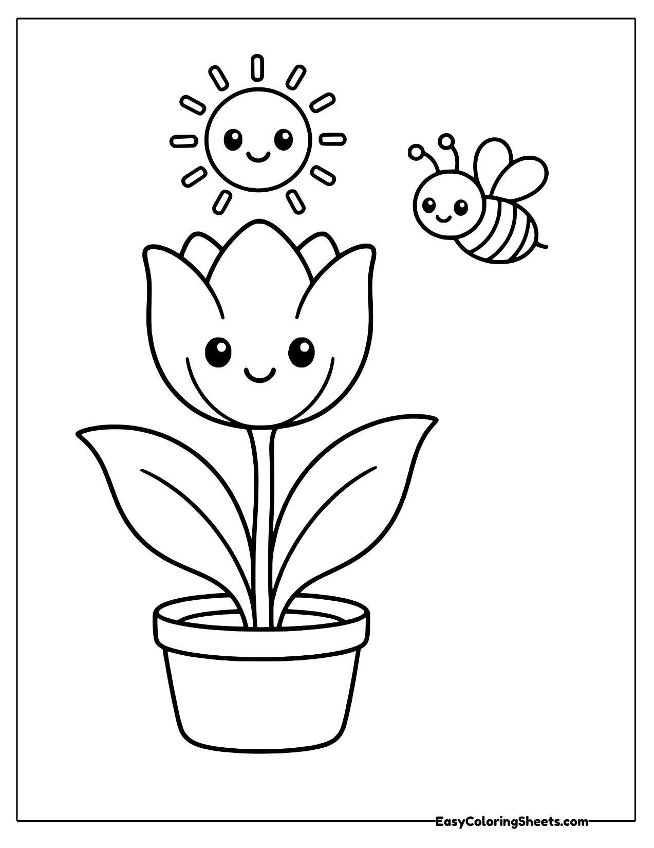 Smiling tulip in a pot with a bee and the sun