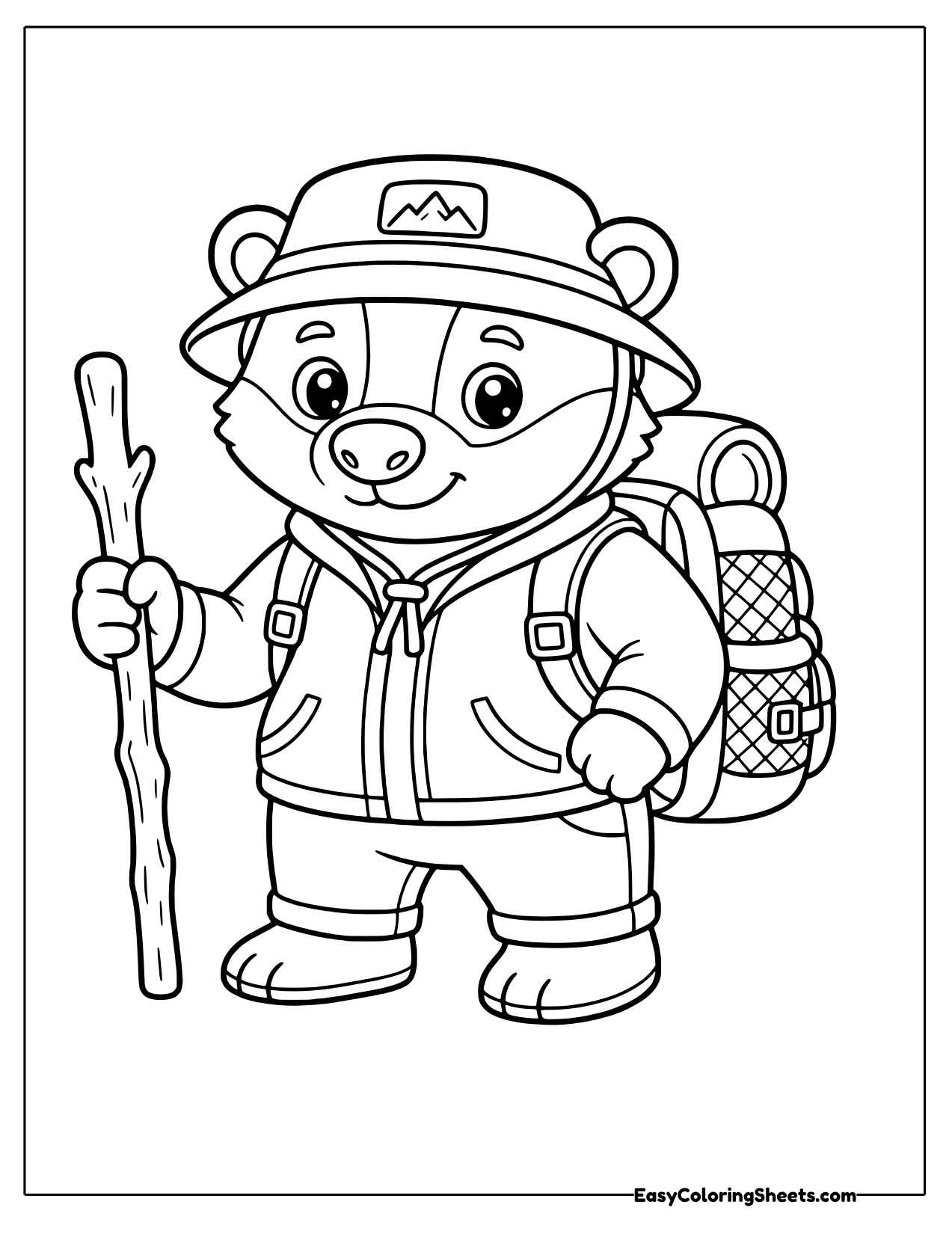 Badger hiker in a bucket hat and jacket with a backpack and walking stick