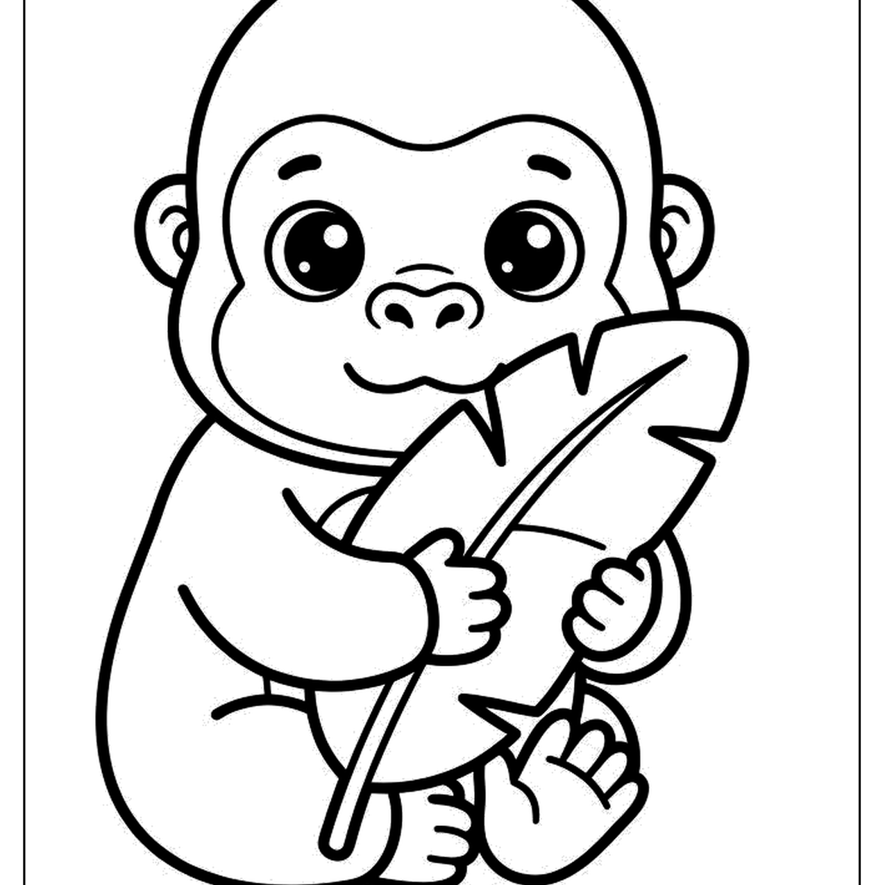 Cute young gorilla holding a big leaf
