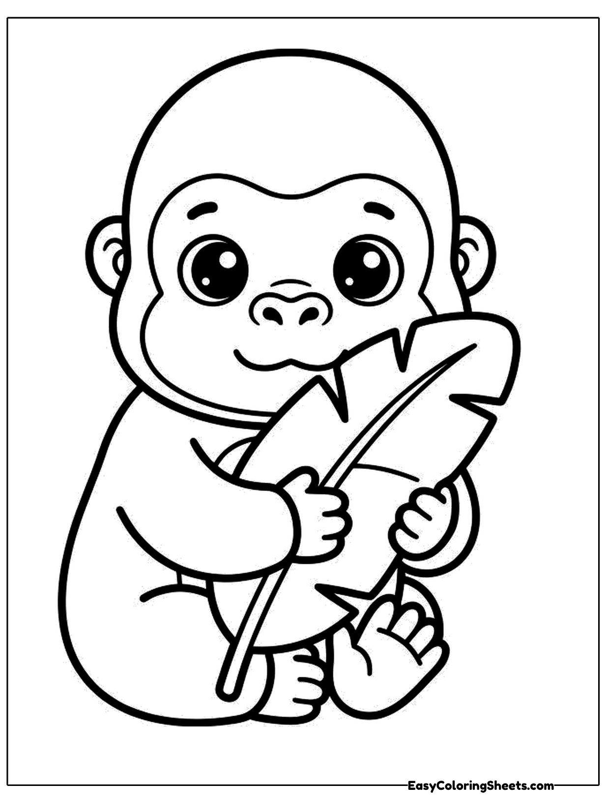 A cute young gorilla sits holding a large leaf against its chest, peeking out with big shiny eyes.