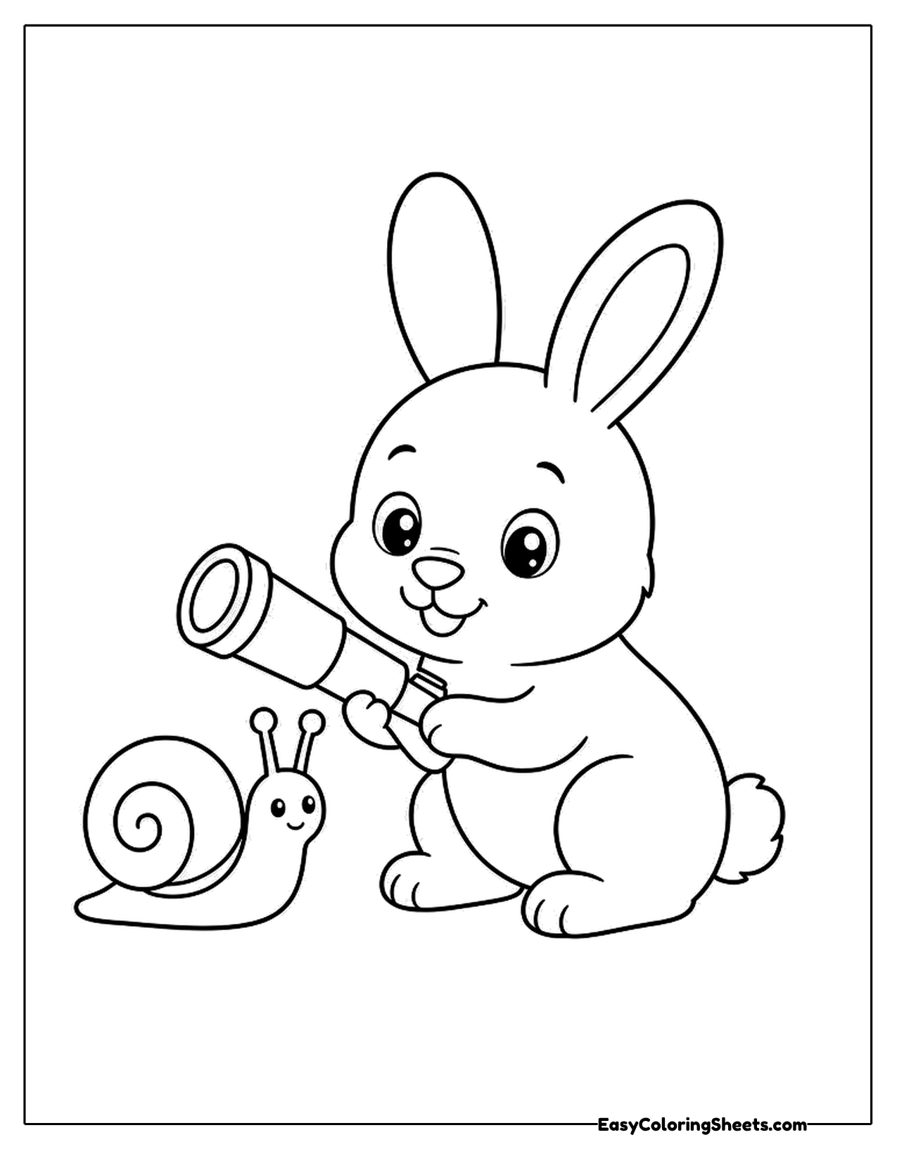 Bunny looking through a telescope with a snail beside it
