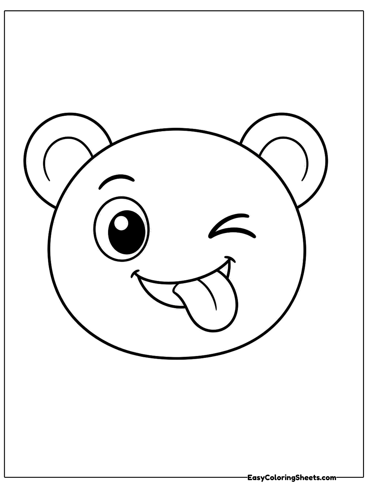 A round bear face with small ears winks one eye and sticks out its tongue in a silly expression.