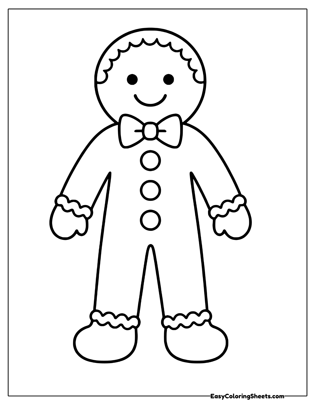 Gingerbread man standing with a bow tie and three buttons