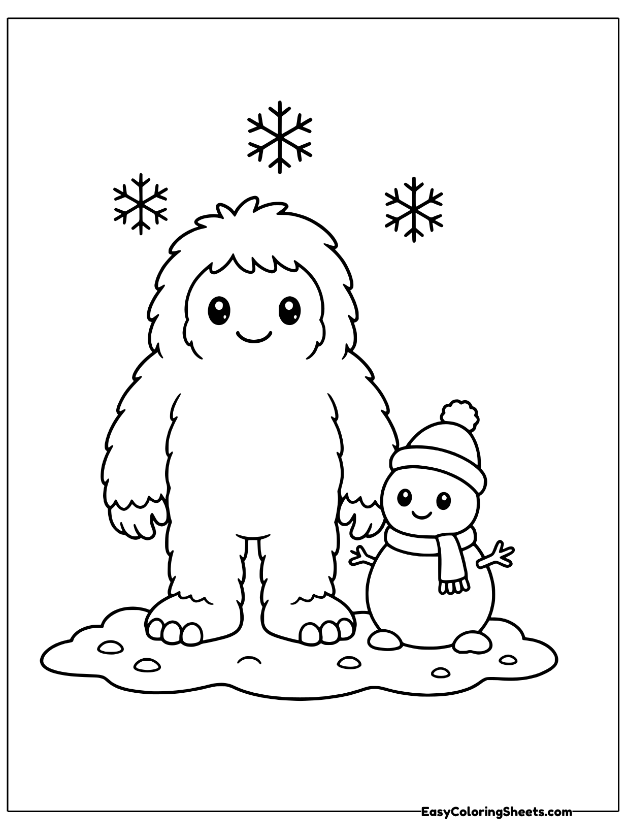 A tall yeti stands next to a small snowman wearing a hat, with snowflakes falling around them.