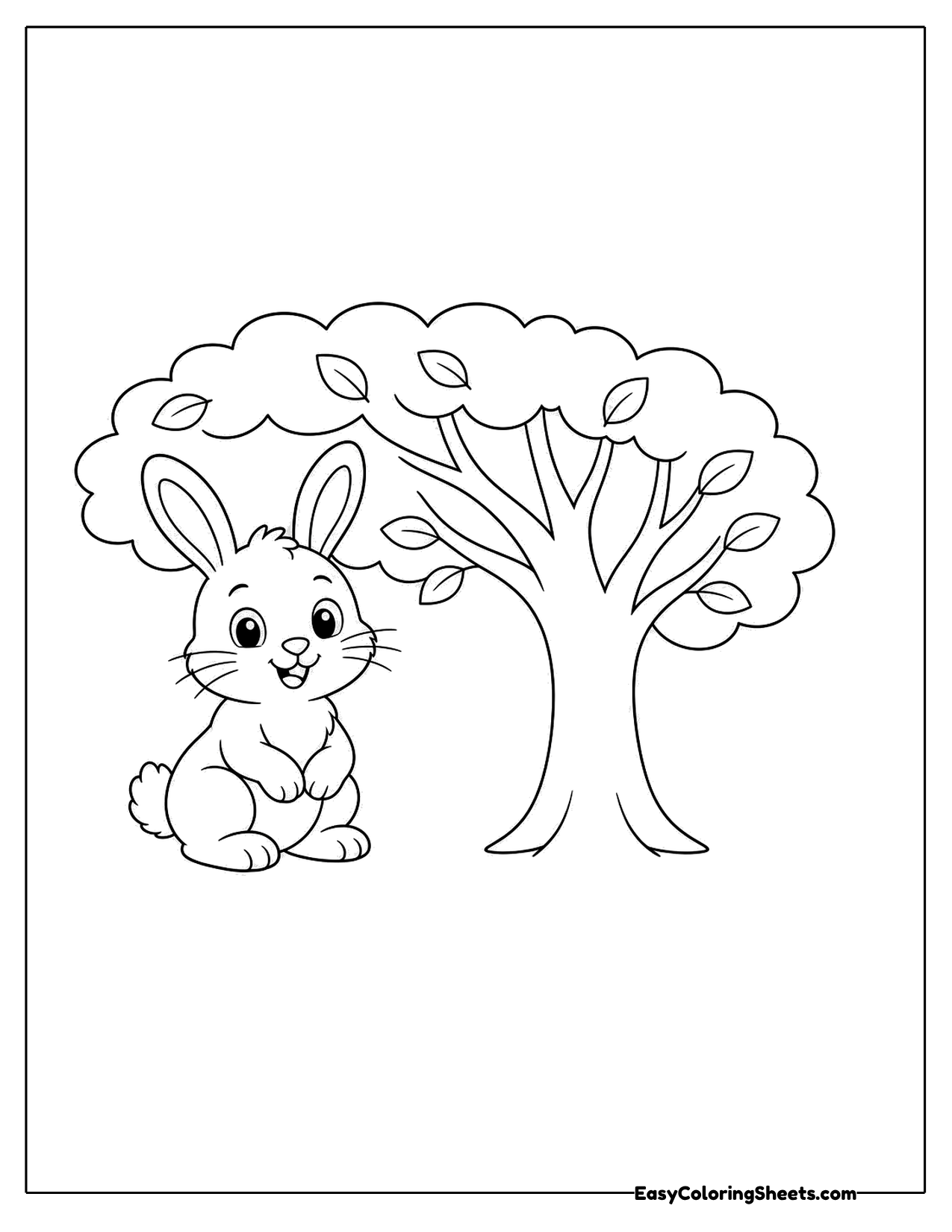 Bunny sitting beside a tree with a leafy round crown