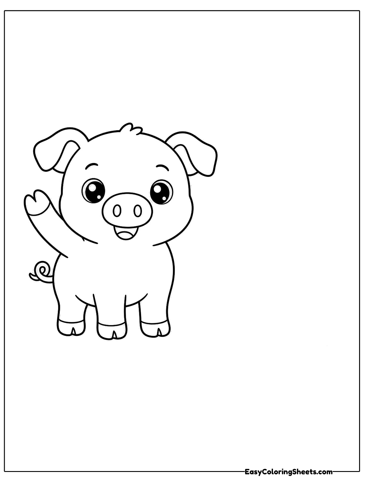 A friendly pig sits and waves one front hoof with a smile.