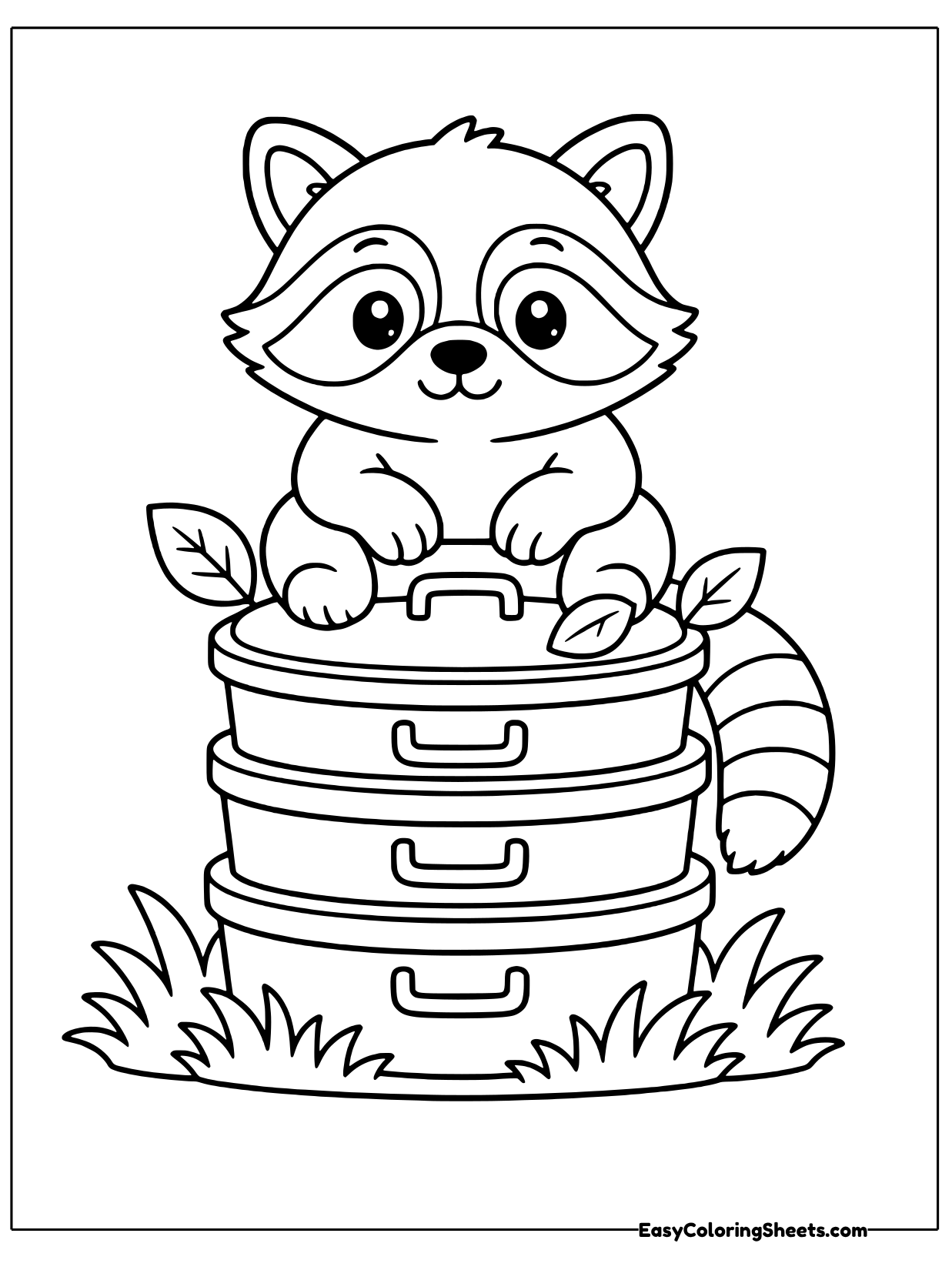 A raccoon sits on top of a stack of round trash bins with leaves poking out.