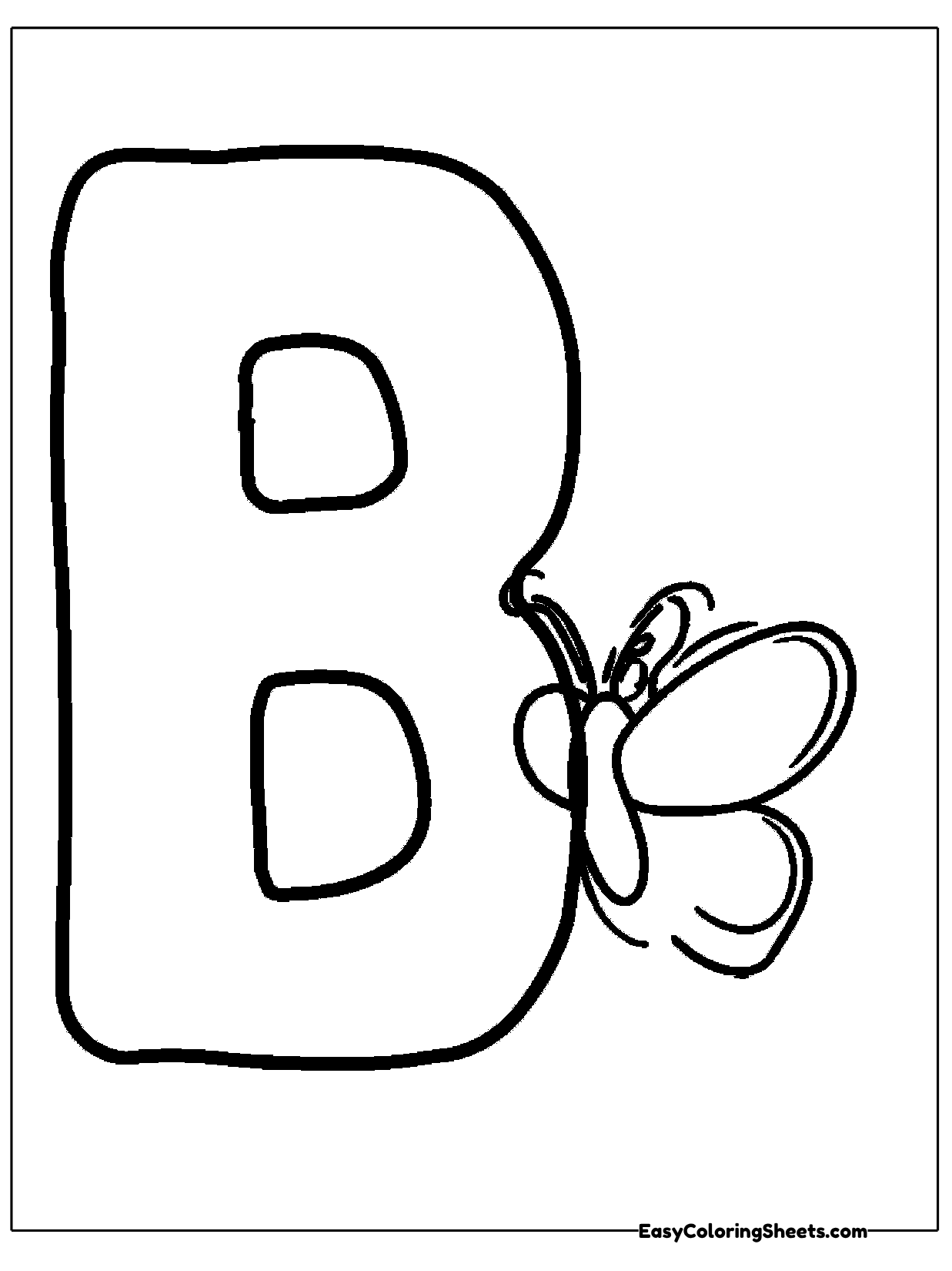 A chunky letter B has a butterfly resting on its side.