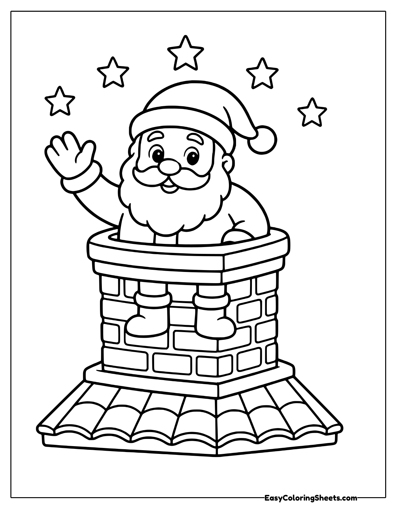Santa waving from the top of a brick chimney under stars