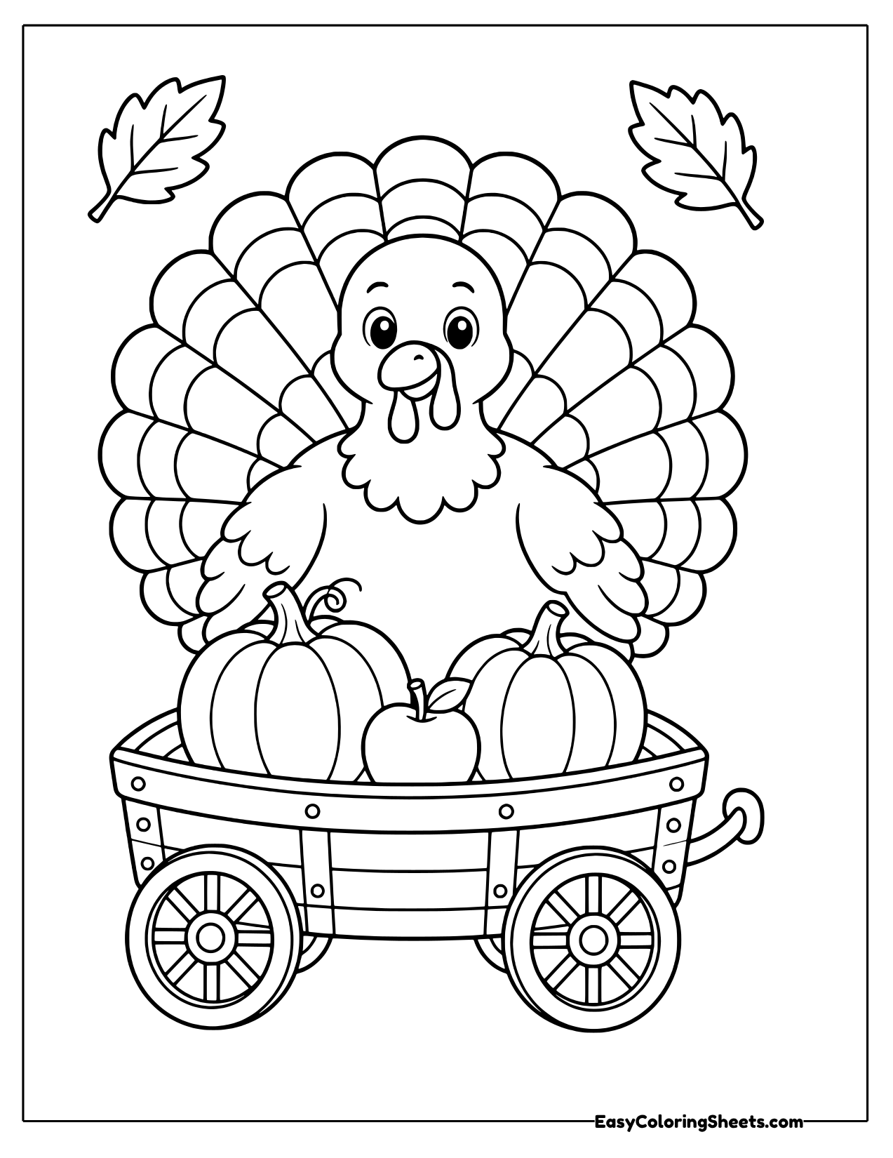 Turkey riding in a wooden wagon with pumpkins and an apple