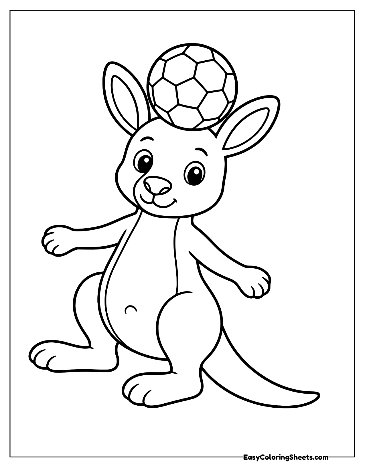 Playful kangaroo balancing a soccer ball on top of its head