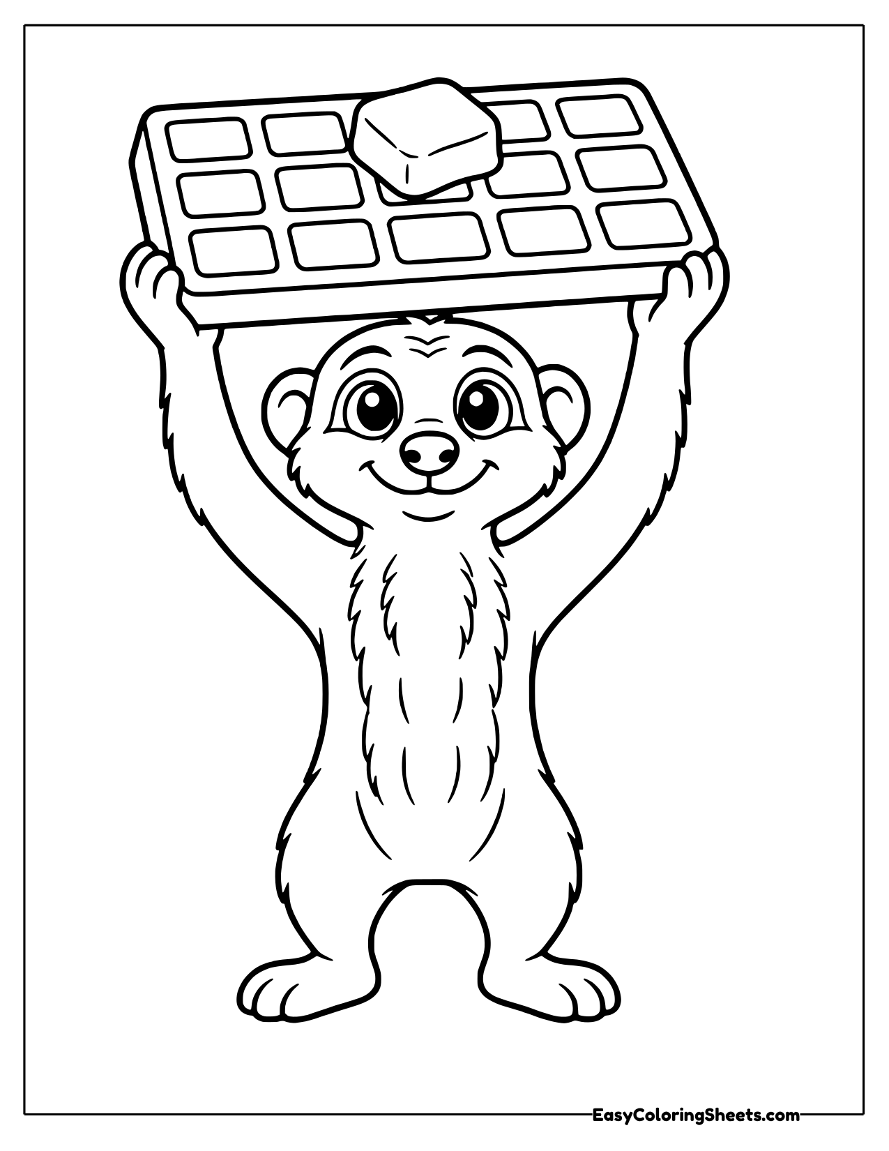 Cheerful meerkat lifting a square waffle topped with butter