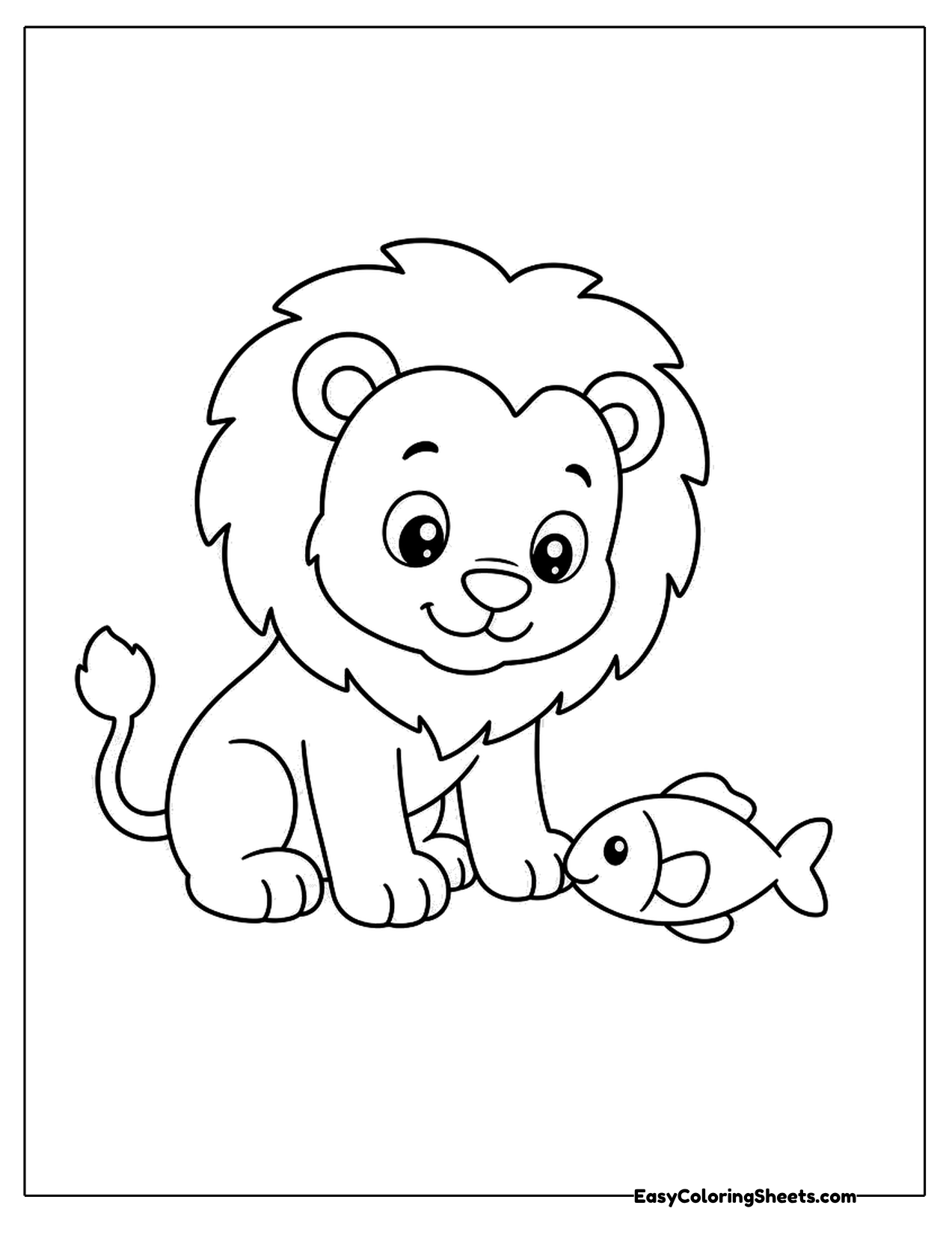 Cute lion sitting next to a small fish