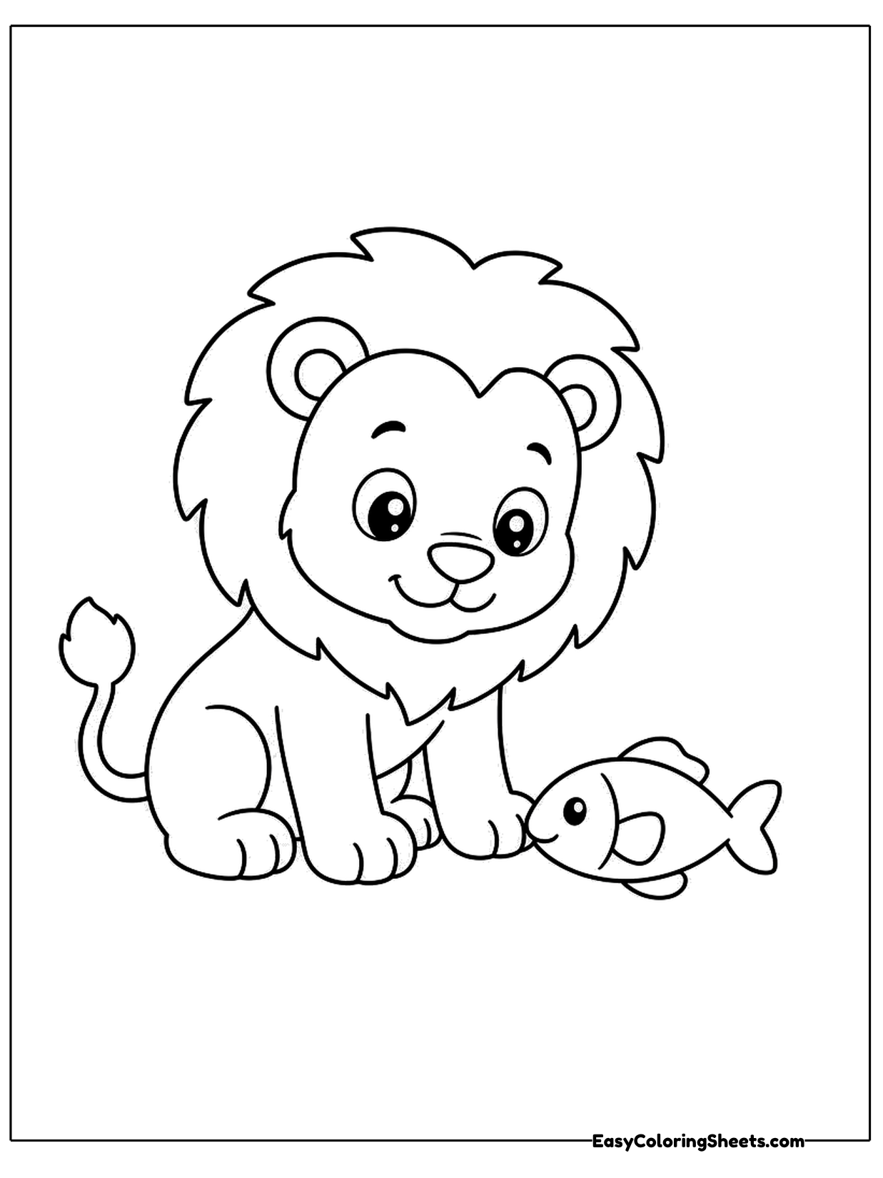 A cartoon lion with a fluffy mane sits with a gentle smile while a little fish lies on the ground beside it.