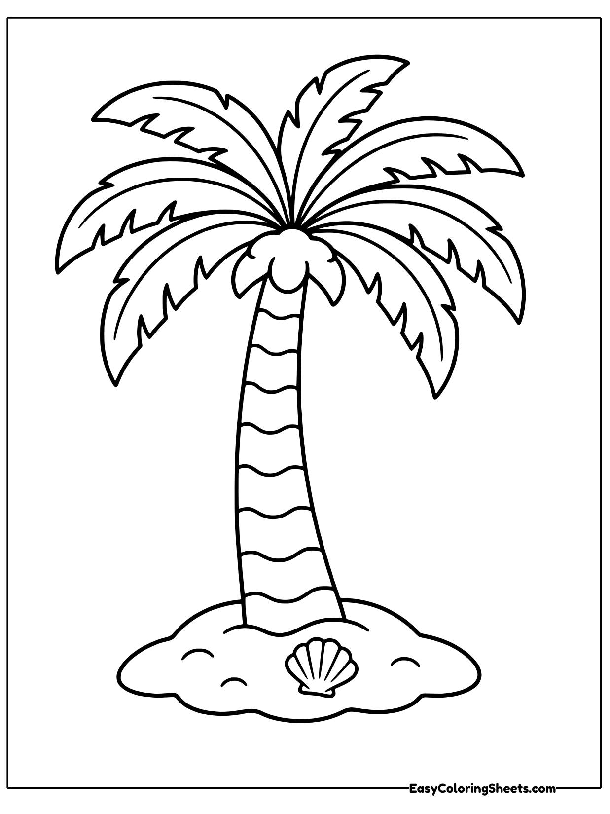 A tall palm tree with long drooping fronds and a ringed trunk grows from a patch of sand with a seashell at its base.