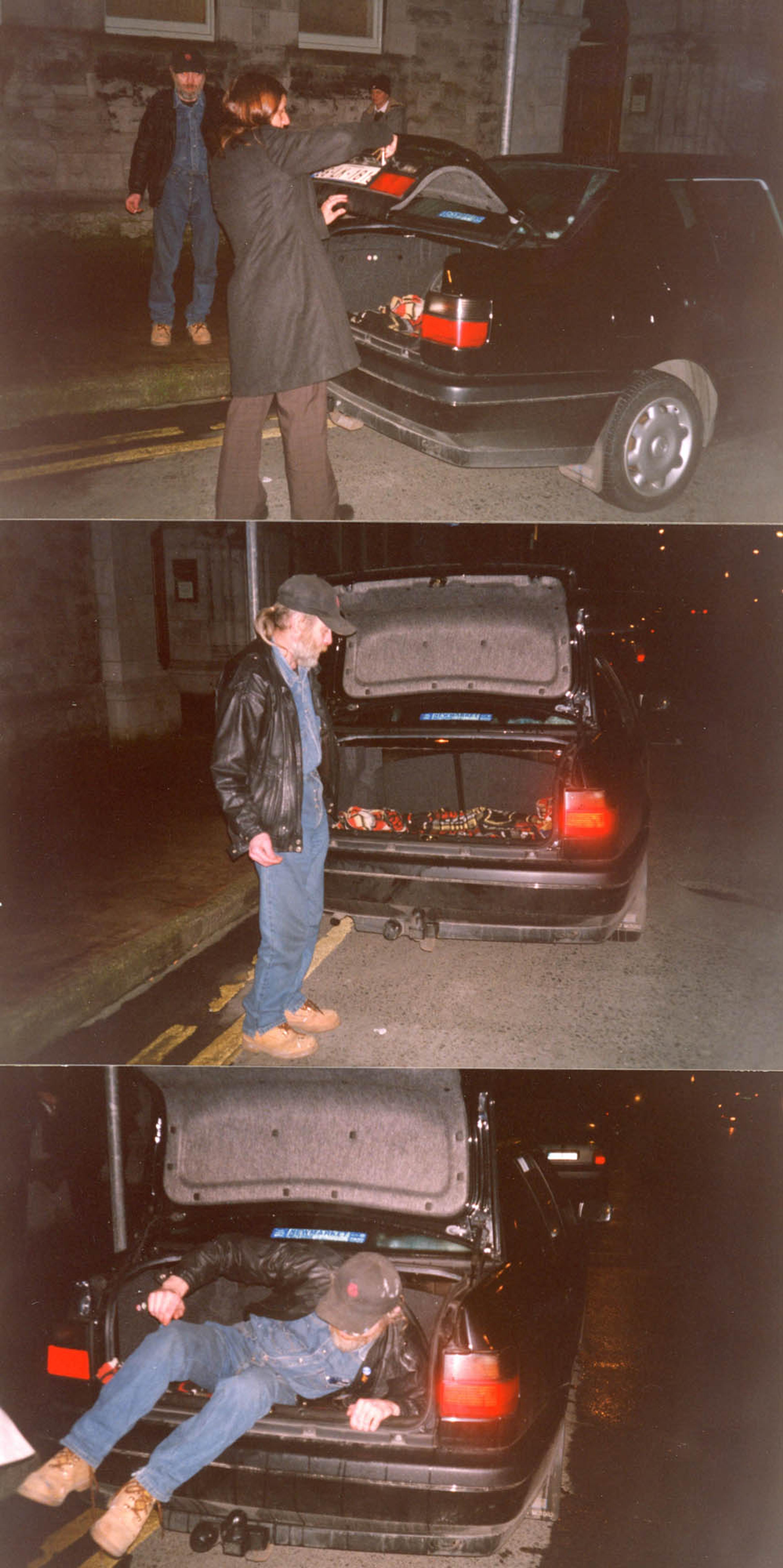 (2000) Santiago Sierra (Outside LCGA), Remunerated Person to Stay in the Trunk of a Car, 2000, performance outside Limerick City Gallery of Art.