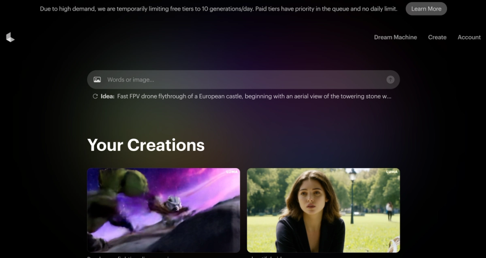 Screenshot of LumaAI Dream Machine