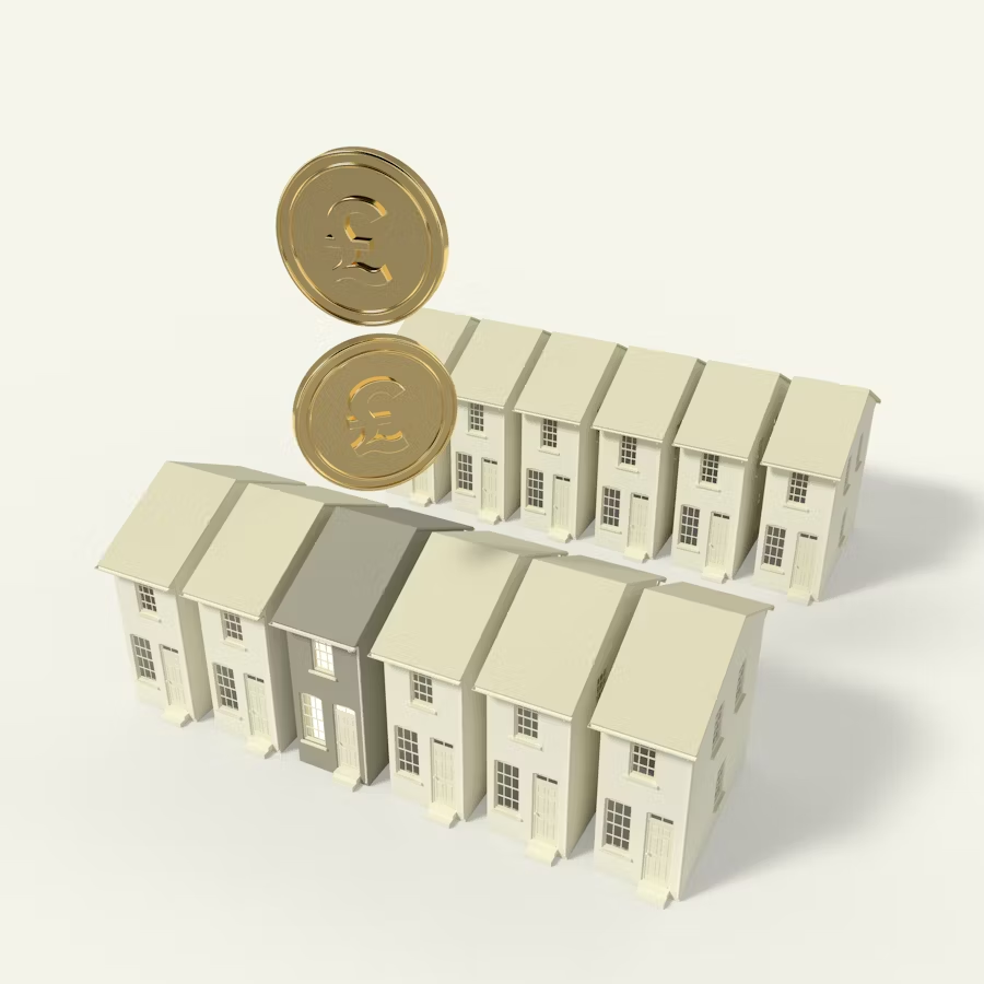 An illustration of two rows of model terraced houses, one of them grey, beneath two gold pound-sterling coins.