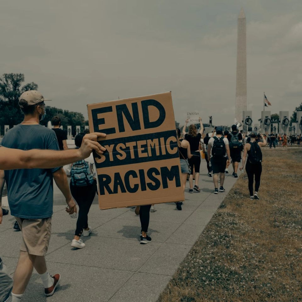 A marcher carries a cardboard sign reading “END SYSTEMIC RACISM”, with the Washington Monument behind the crowd.