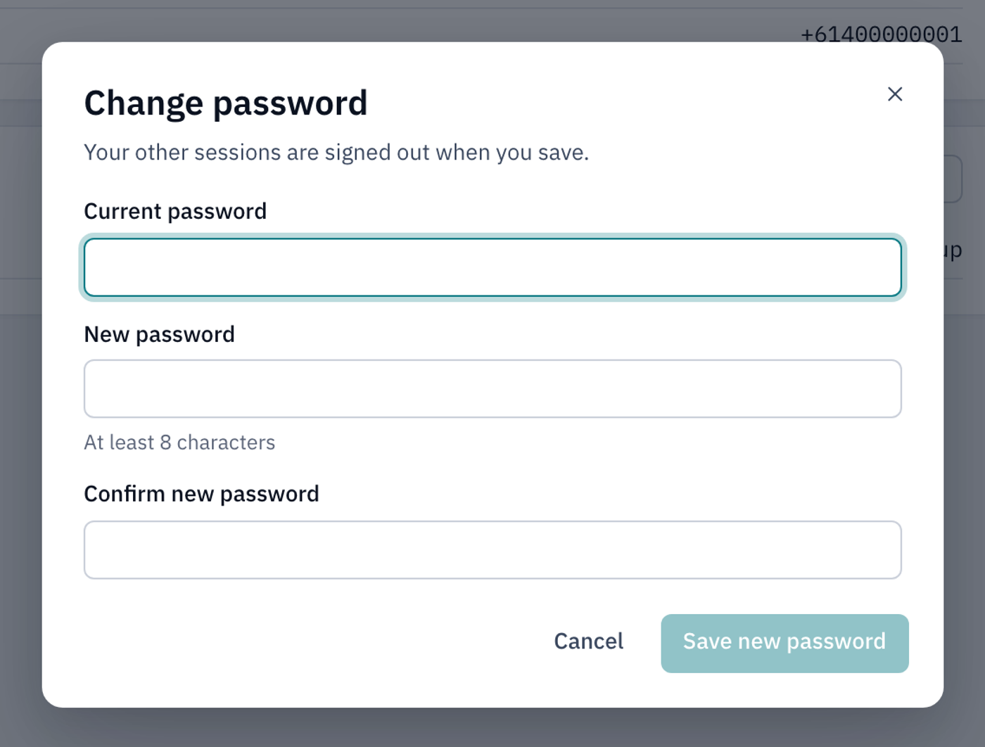 The Change password dialog with Current password, New password and Confirm new password boxes