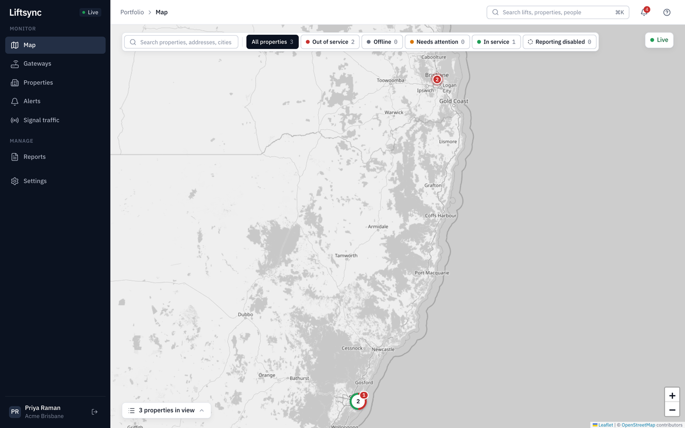 The map showing properties around Sydney and Brisbane, with the status filters along the top
