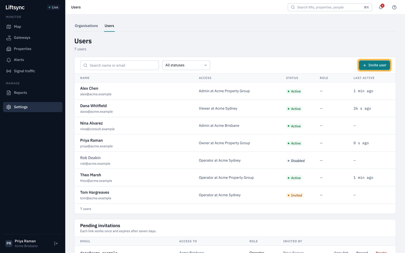 The Users page with the list of people and the Invite user button highlighted