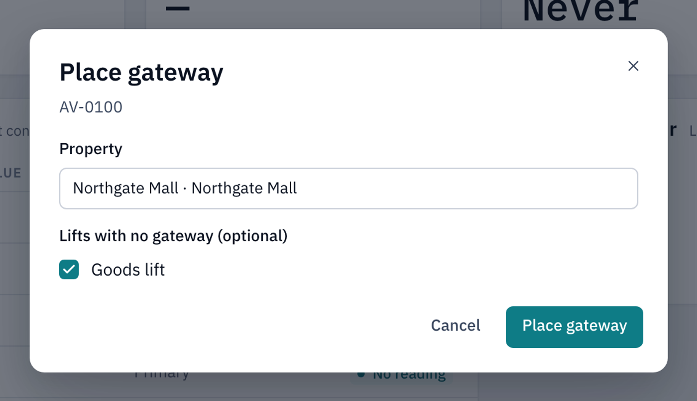 The Place gateway window with Northgate Mall chosen and the Goods lift ticked