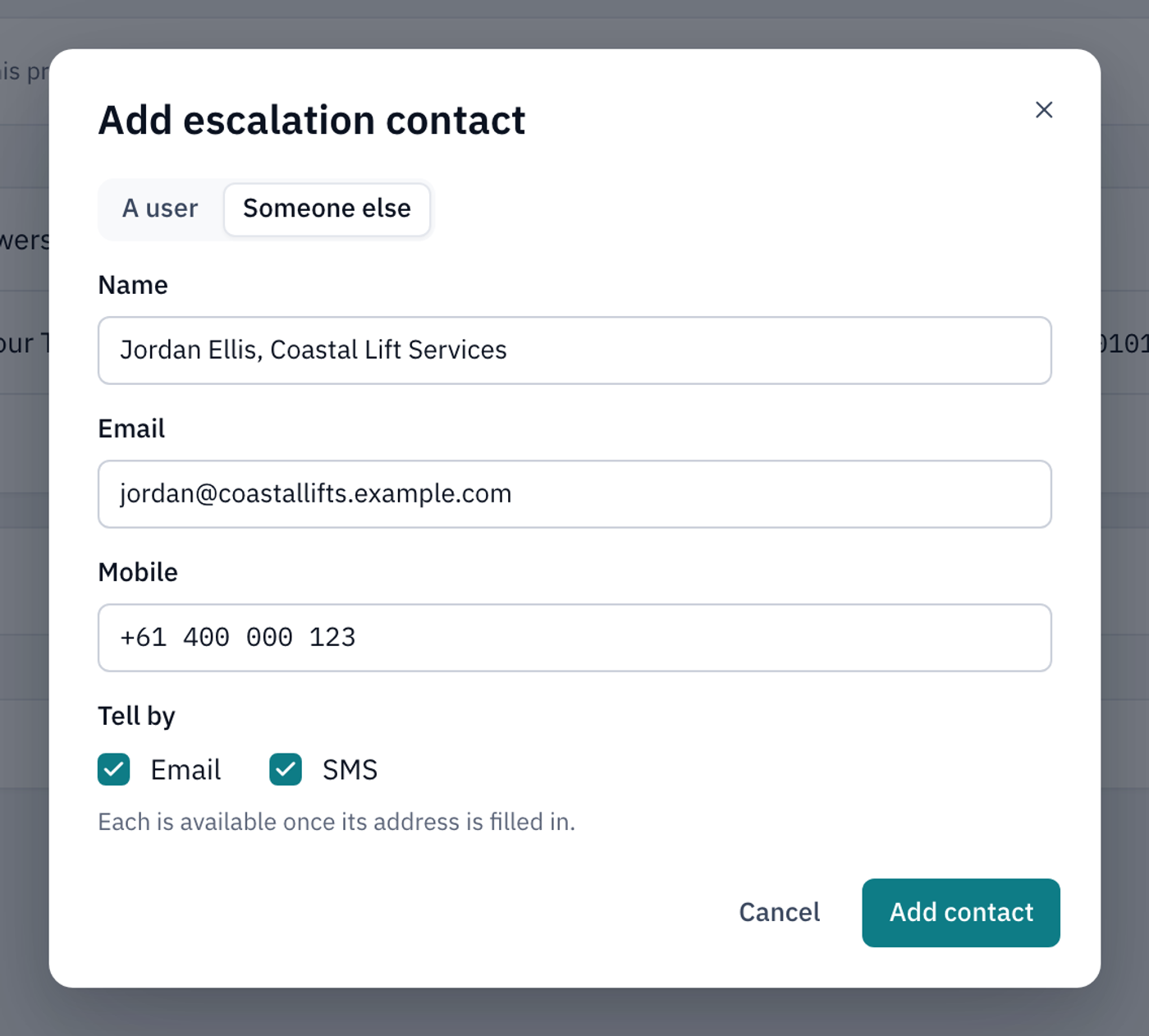 The Add escalation contact window filled in for a lift technician, told by email and SMS