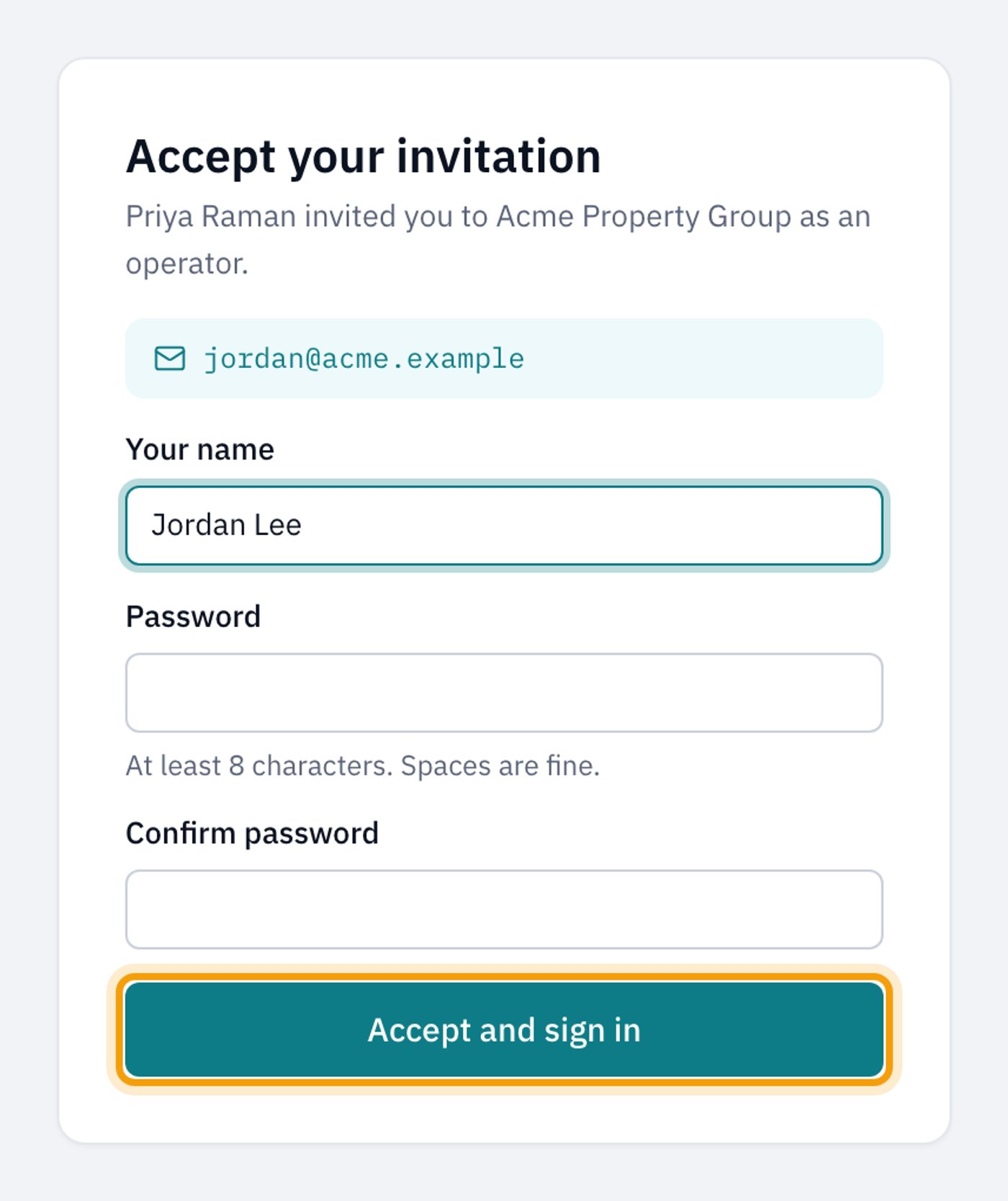 The Accept your invitation page with the name filled in and the Accept and sign in button highlighted
