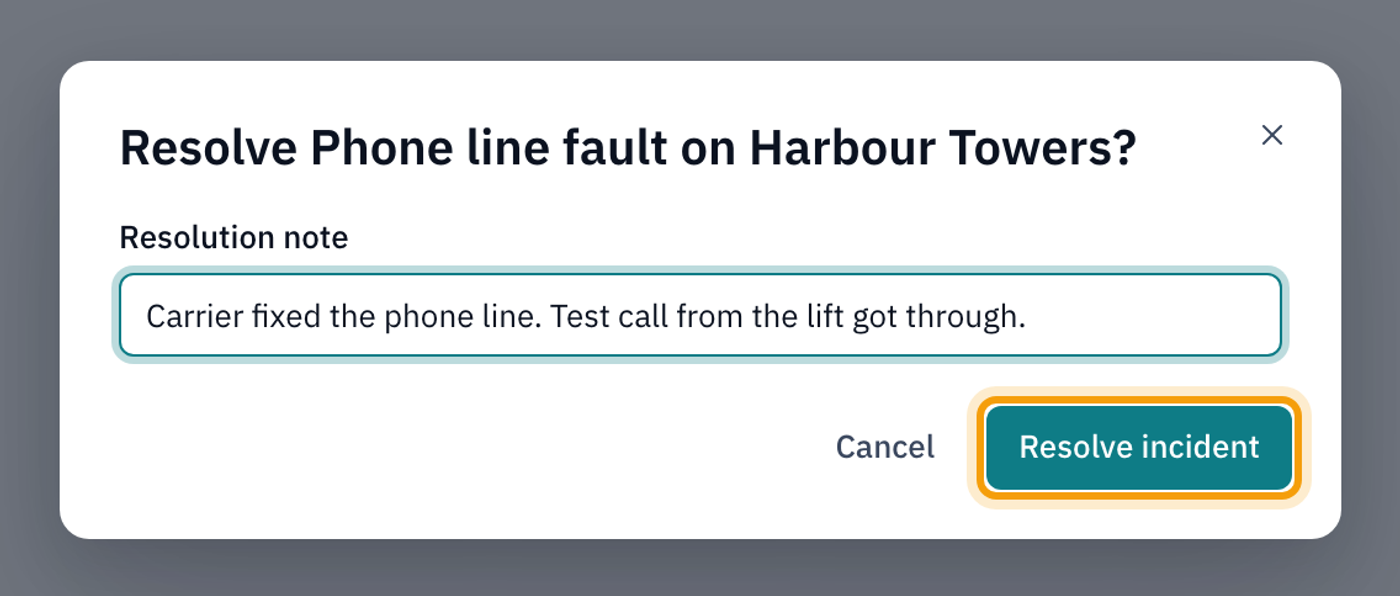 The Resolve dialog for a phone line fault at Harbour Towers, with a resolution note filled in