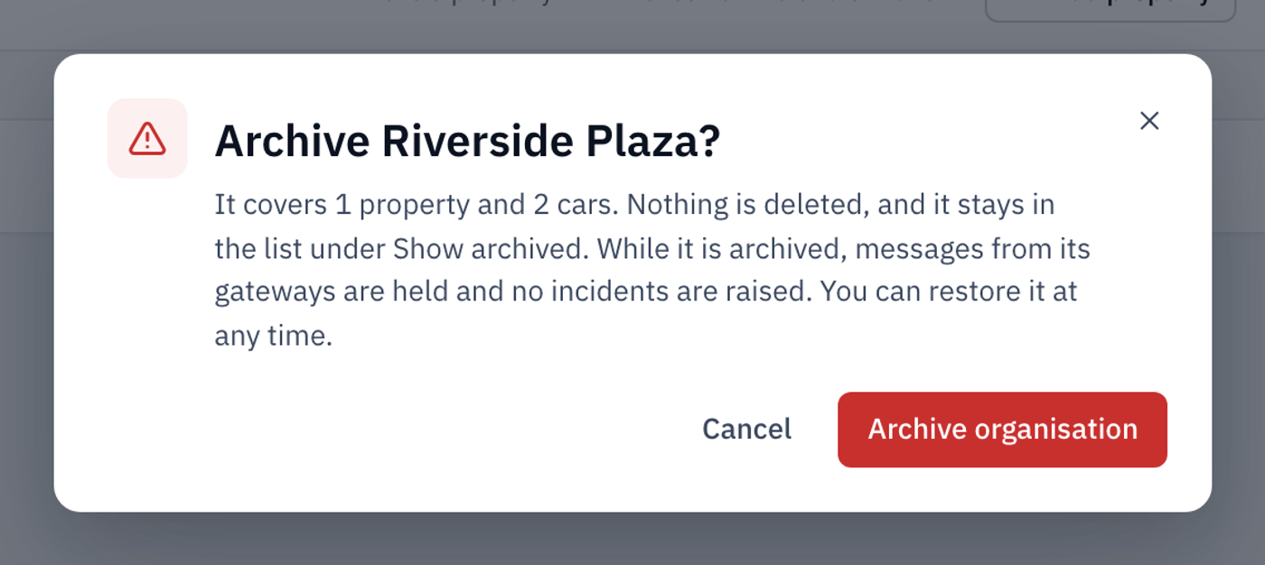 The Archive Riverside Plaza dialog, explaining that nothing is deleted and that the organisation can be restored