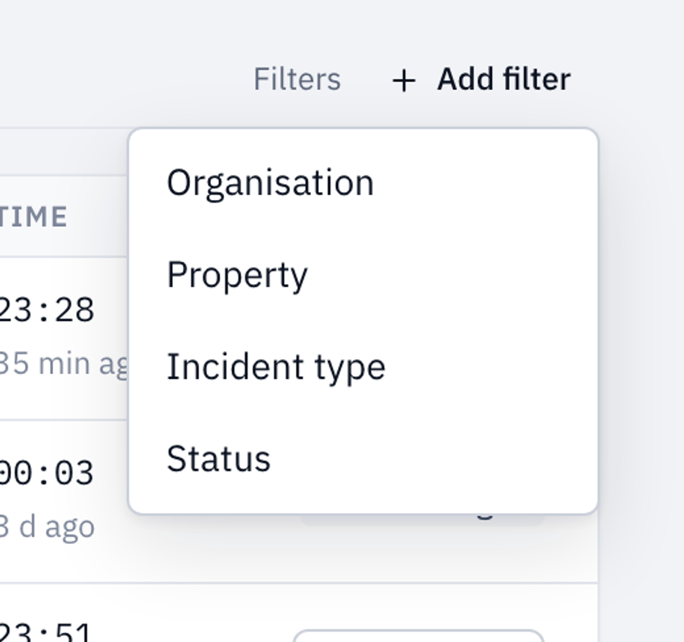 The Add filter menu with Organisation, Property, Incident type and Status