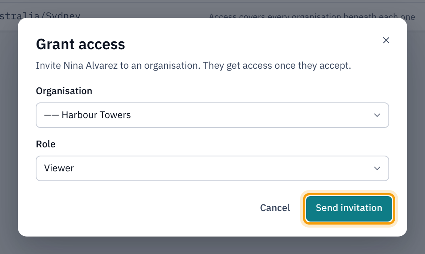 The Grant access dialog inviting Nina Alvarez to Harbour Towers as a Viewer, with Send invitation highlighted