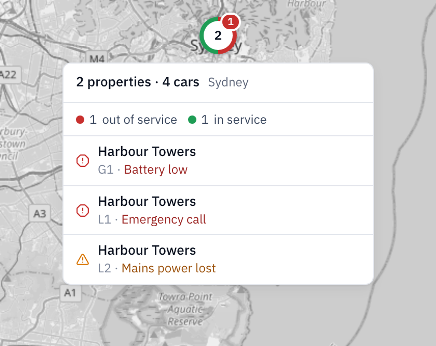 The summary that appears when you point to a group of properties