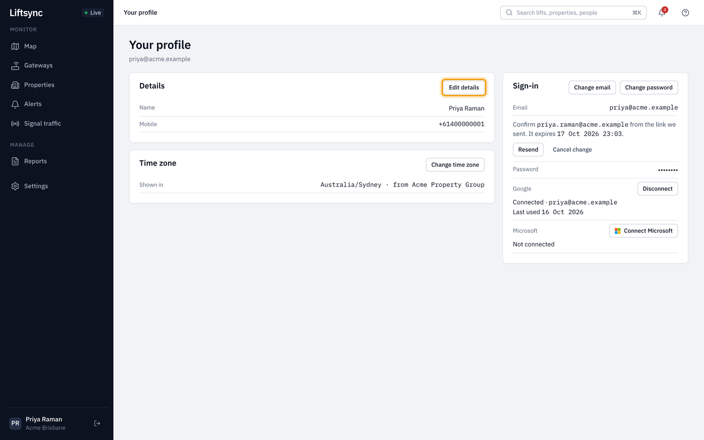 Your profile, with the Details, Time zone and Sign-in cards, and the Edit details button highlighted