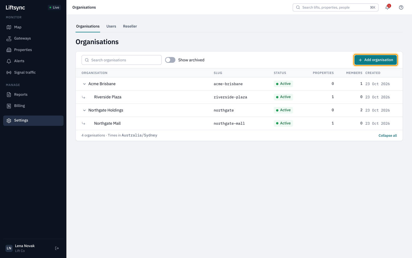 The Organisations page for a lift company owner, listing two customers, Acme Brisbane and Northgate Holdings, with the organisations under them and the Add organisation button highlighted