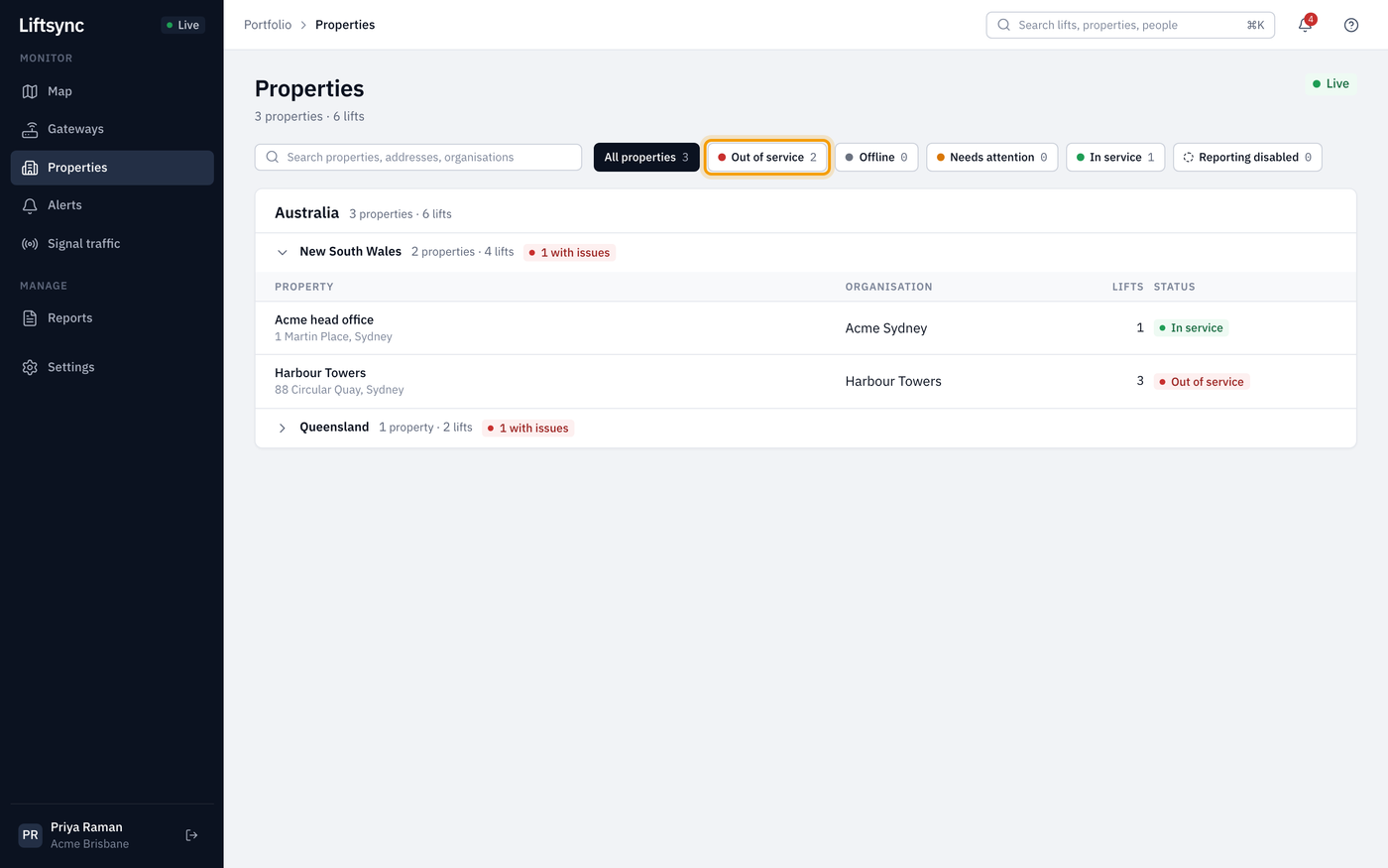 The Properties page with New South Wales open and the Out of service button highlighted