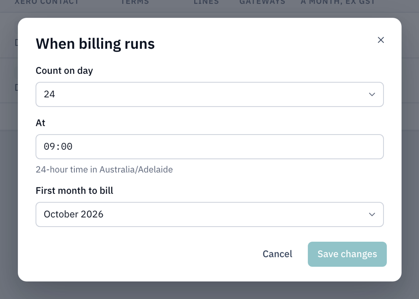 The When billing runs window with Count on day 24, At 09:00 and First month to bill October 2026