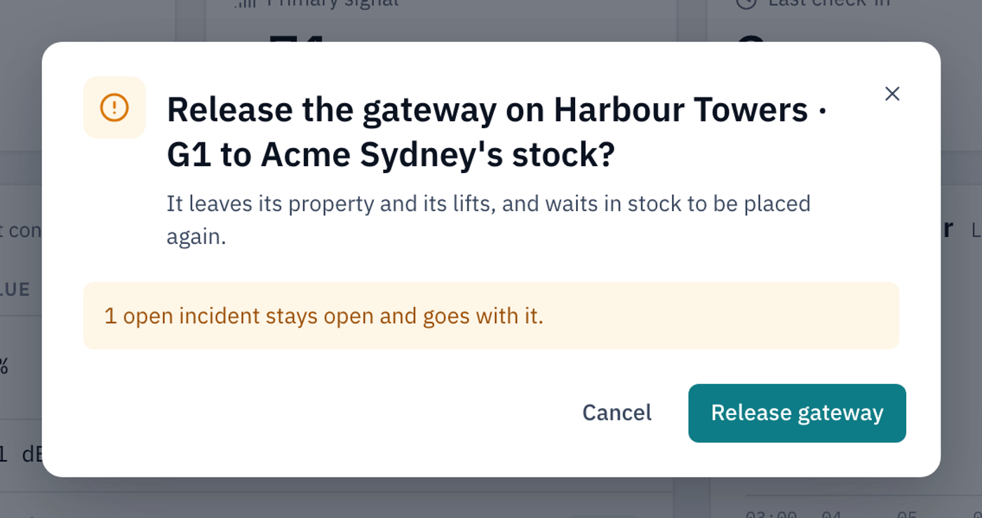The release question for the gateway on Harbour Towers G1, noting that its open alert stays open and goes with it