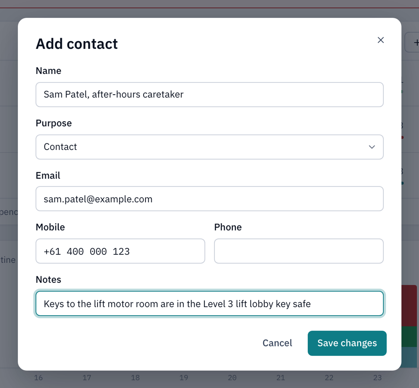 The Add contact window filled in for an after-hours caretaker