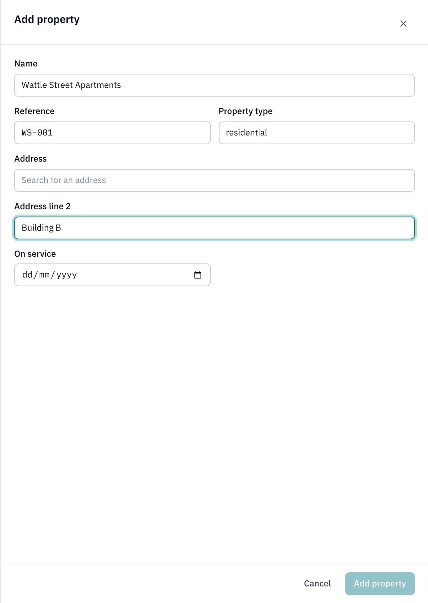 The Add property panel with a name, reference and property type filled in