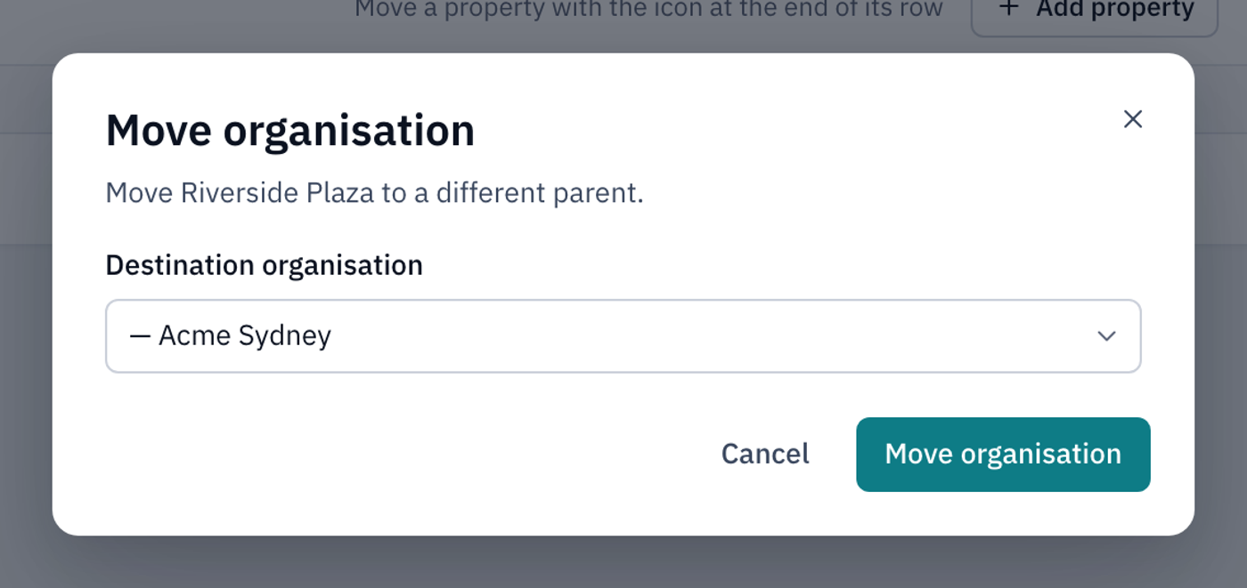 The Move organisation dialog with Acme Sydney chosen as the destination