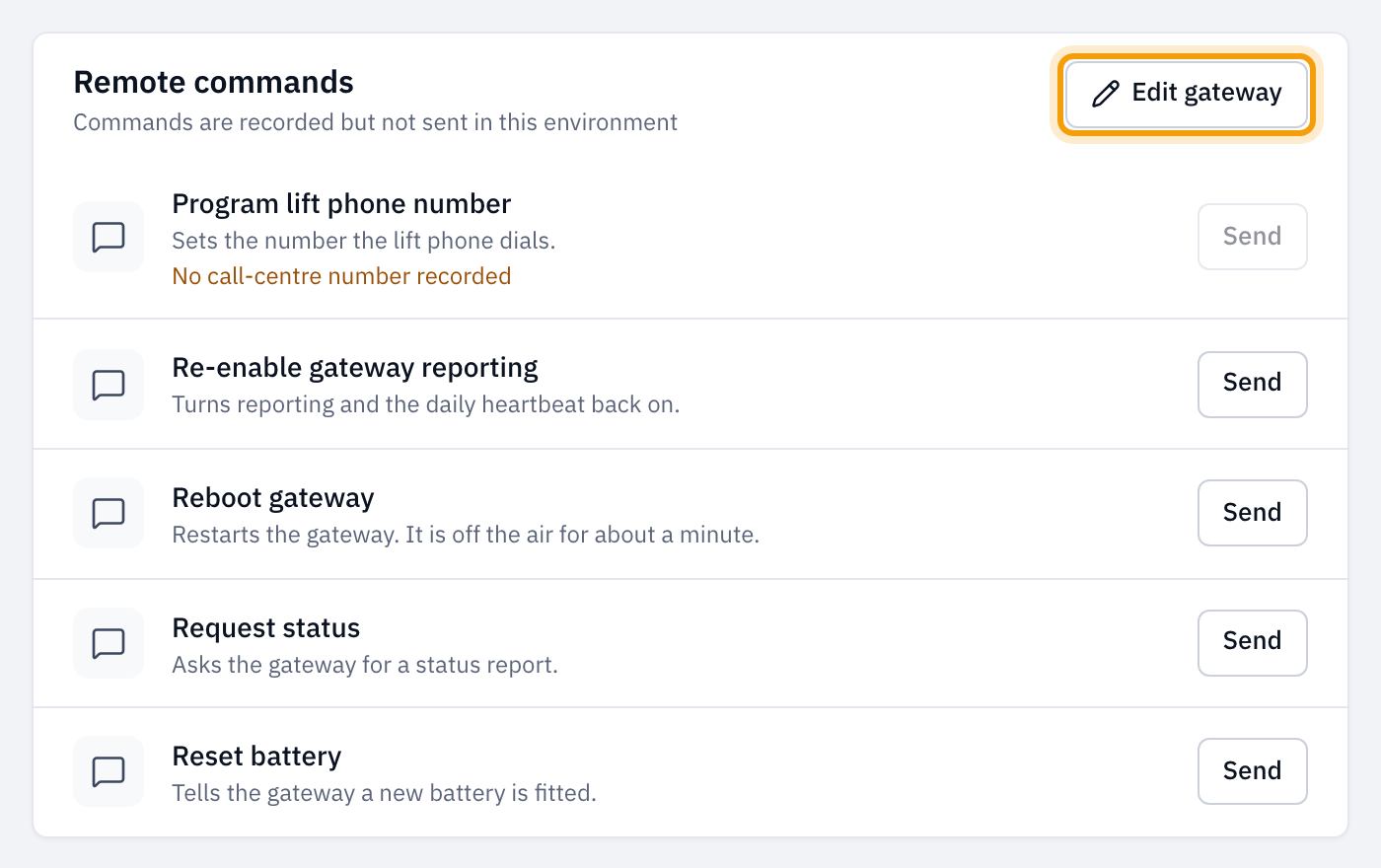 The Remote commands list with Program lift phone number greyed out because no call-centre number is recorded, and the Edit gateway button highlighted