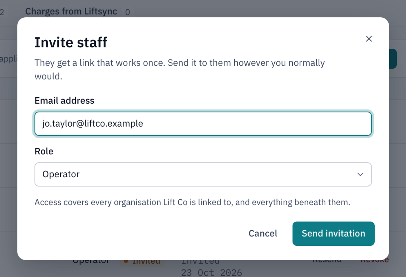 The Invite staff dialog with an email address typed and Operator chosen as the role